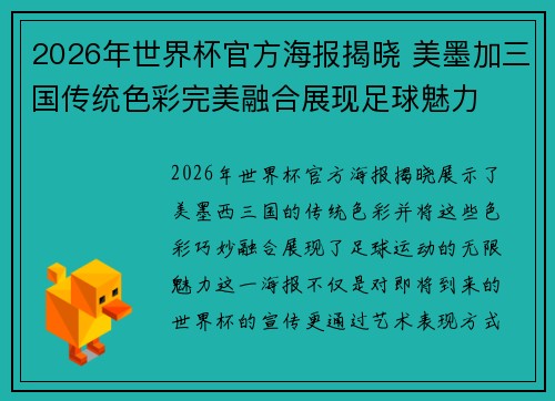 2026年世界杯官方海报揭晓 美墨加三国传统色彩完美融合展现足球魅力