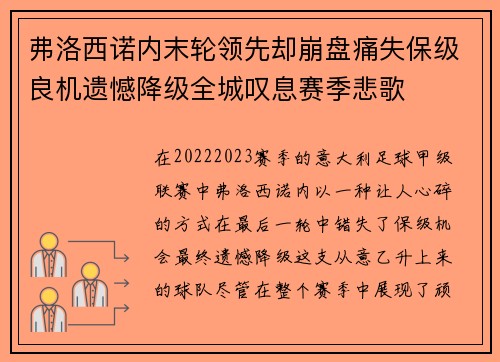 弗洛西诺内末轮领先却崩盘痛失保级良机遗憾降级全城叹息赛季悲歌